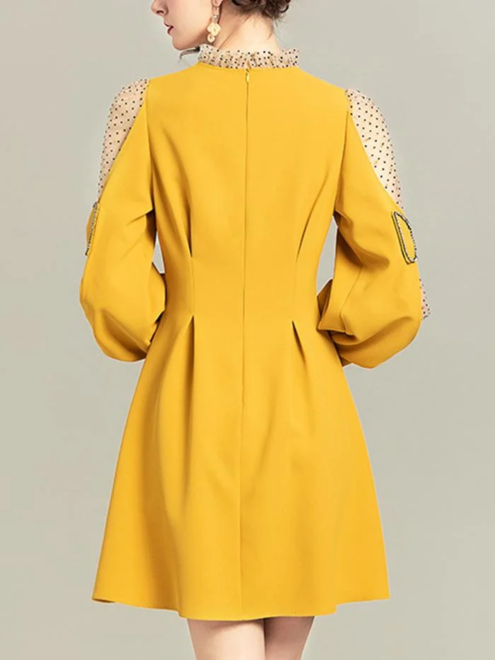 Elegant Net Yarn Flocking Bow Lantern Sleeve Dress