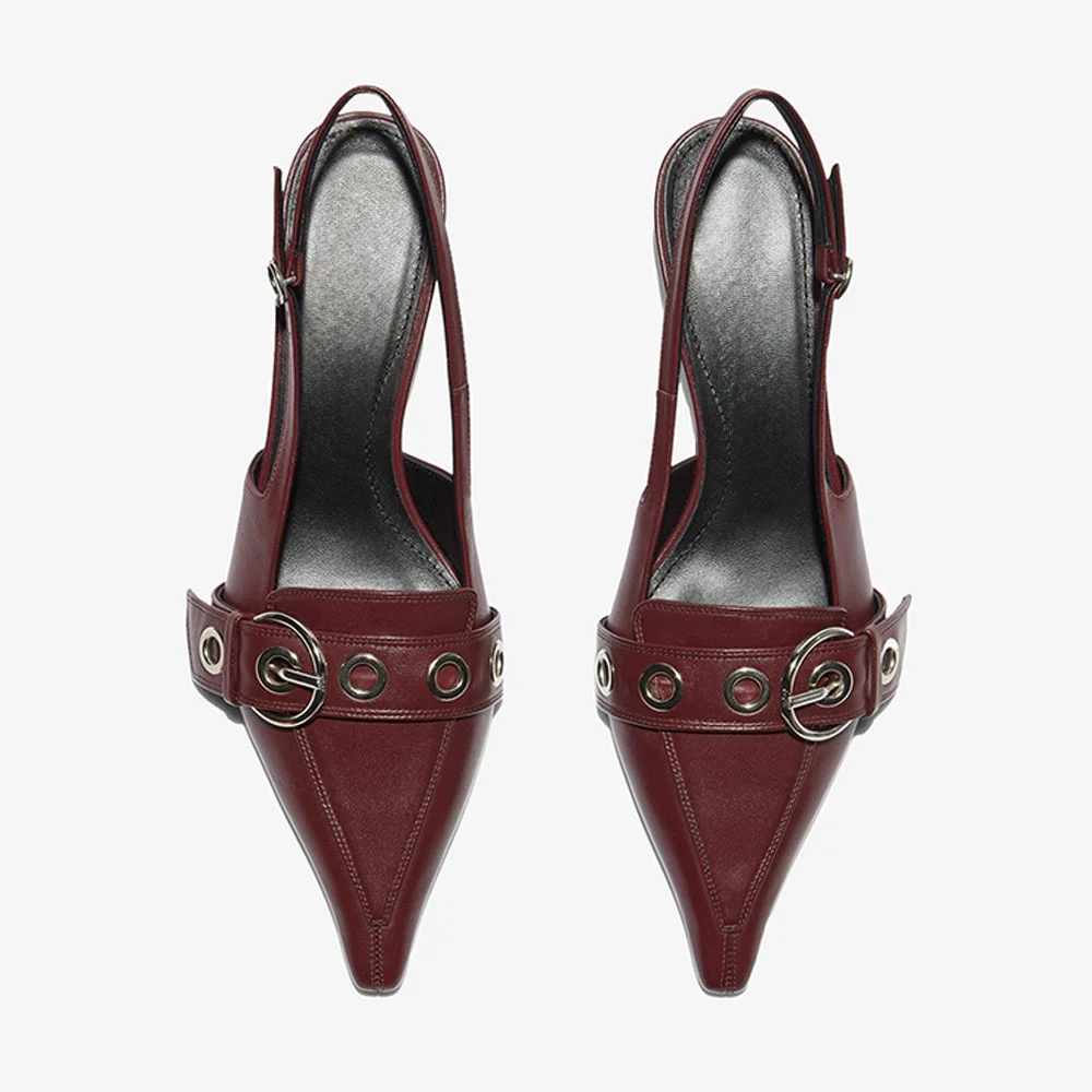 Maroon Pointed Toe Kitten Heel Buckled Slingback Pumps for Women