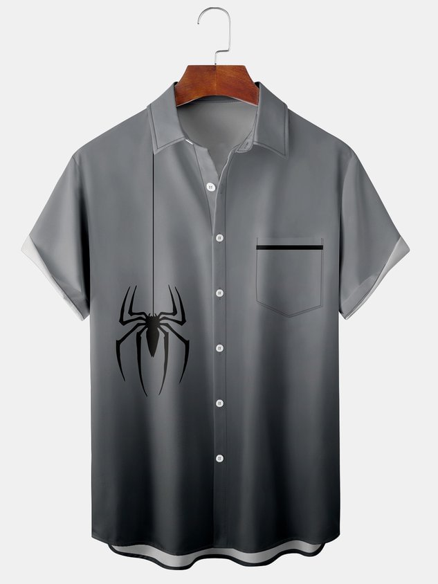 Mens Halloween Print Front Buttons Soft Breathable Chest Pocket Casual Aloha Shirts