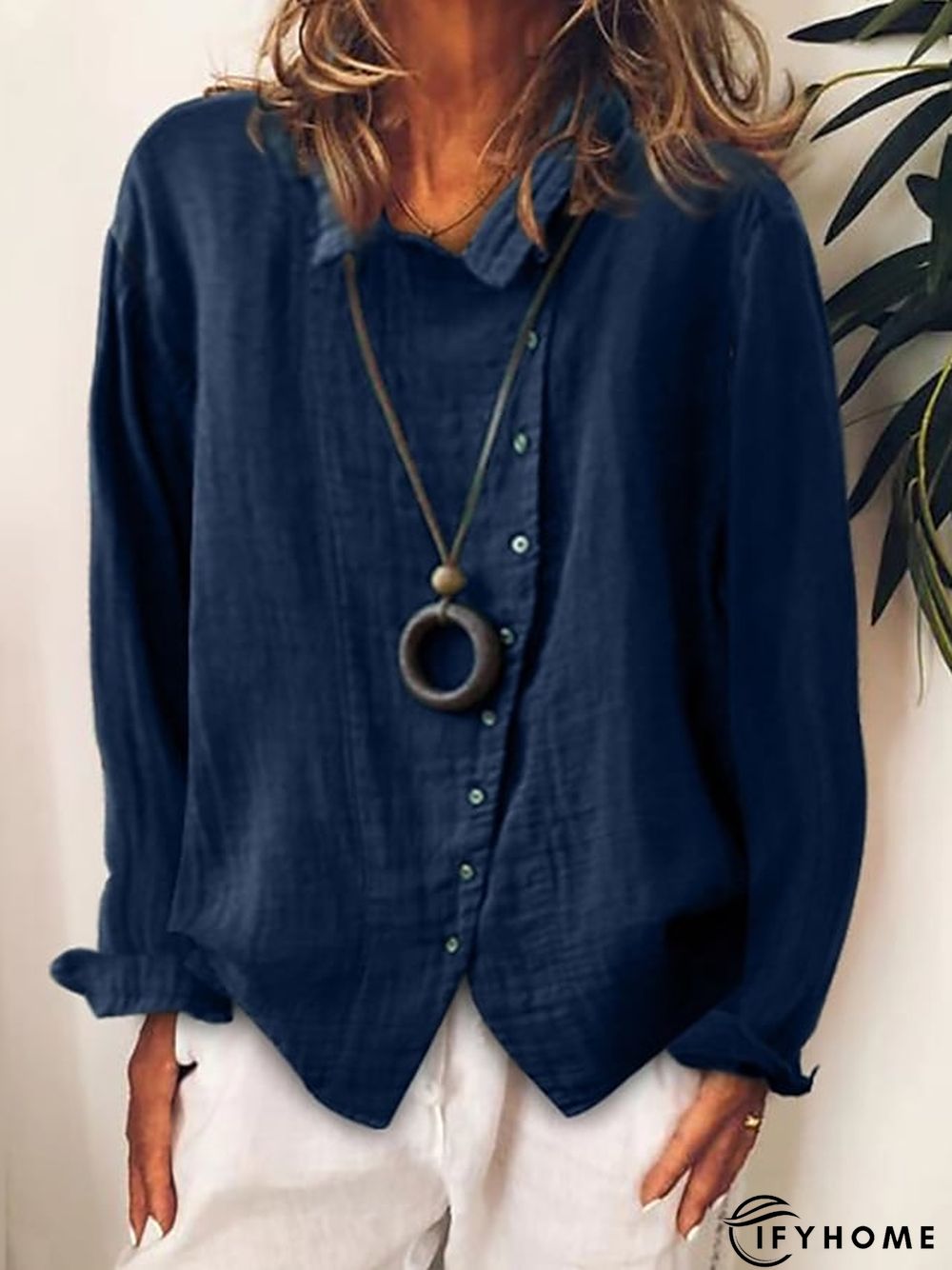 Women's Shirt Blouse White Yellow Blue Plain Button Long Sleeve Daily Weekend Casual Shirt Collar Regular Linen S | IFYHOME