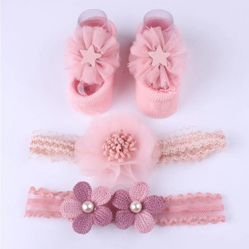 3Pcs/Set Lace Flower Baby Girl Headband Socks Set Crown Bows Newborn Hairband Headbands For Girls Turban Baby Hair Accessories