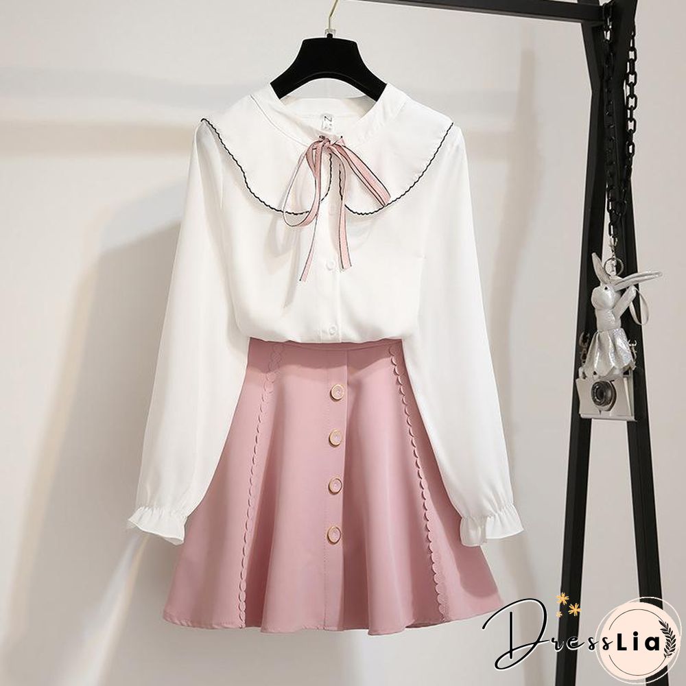 Sweet Lapel Blouse+Button Skirt P15791