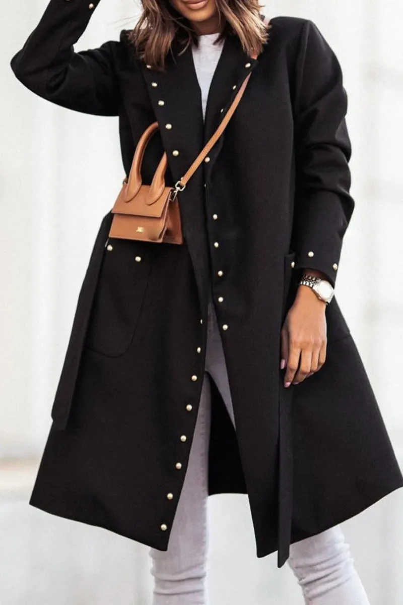 Elegant Solid Rivets Pocket Buttons Turn-back Collar Outerwear