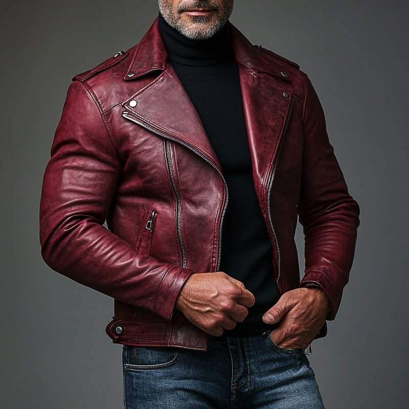 Men's Punk Lapel Collar Zip Up Long Sleeve PU Leather Jacket