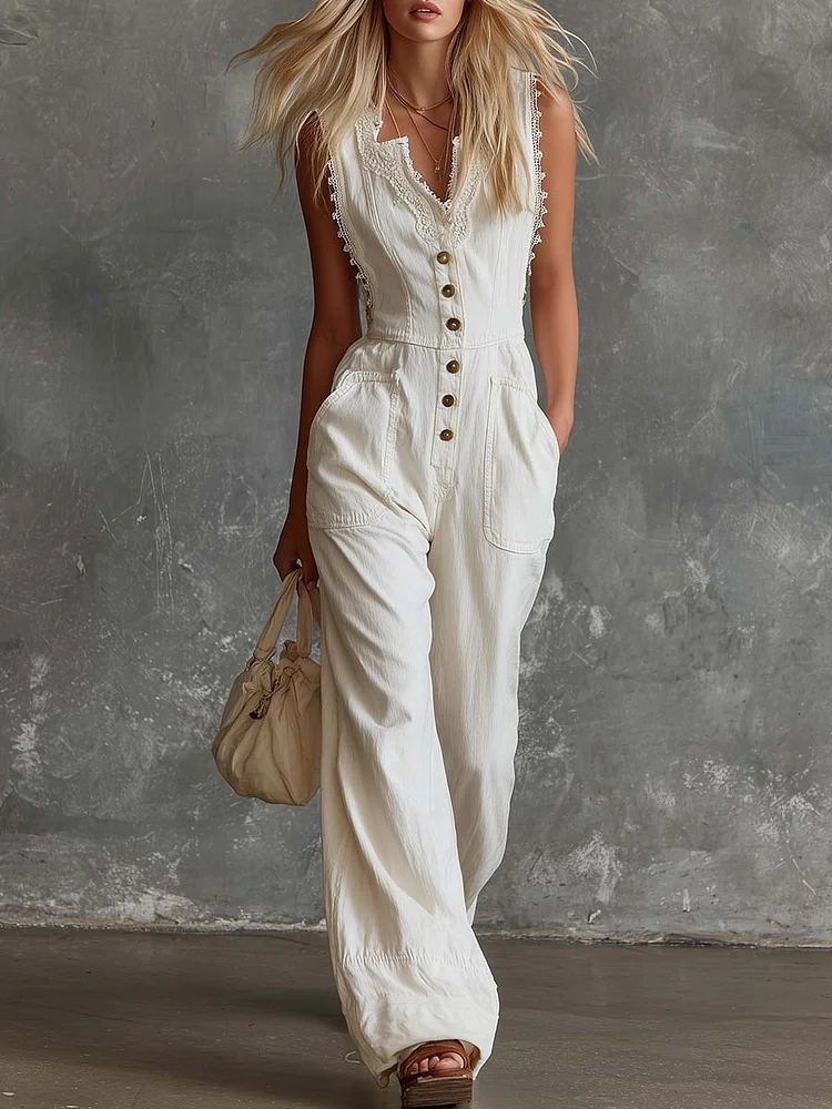 【24-hour shipping out】Elegant Vintage Western V-neck Front Buttons Lace Trim White Cotton Jumpsuit