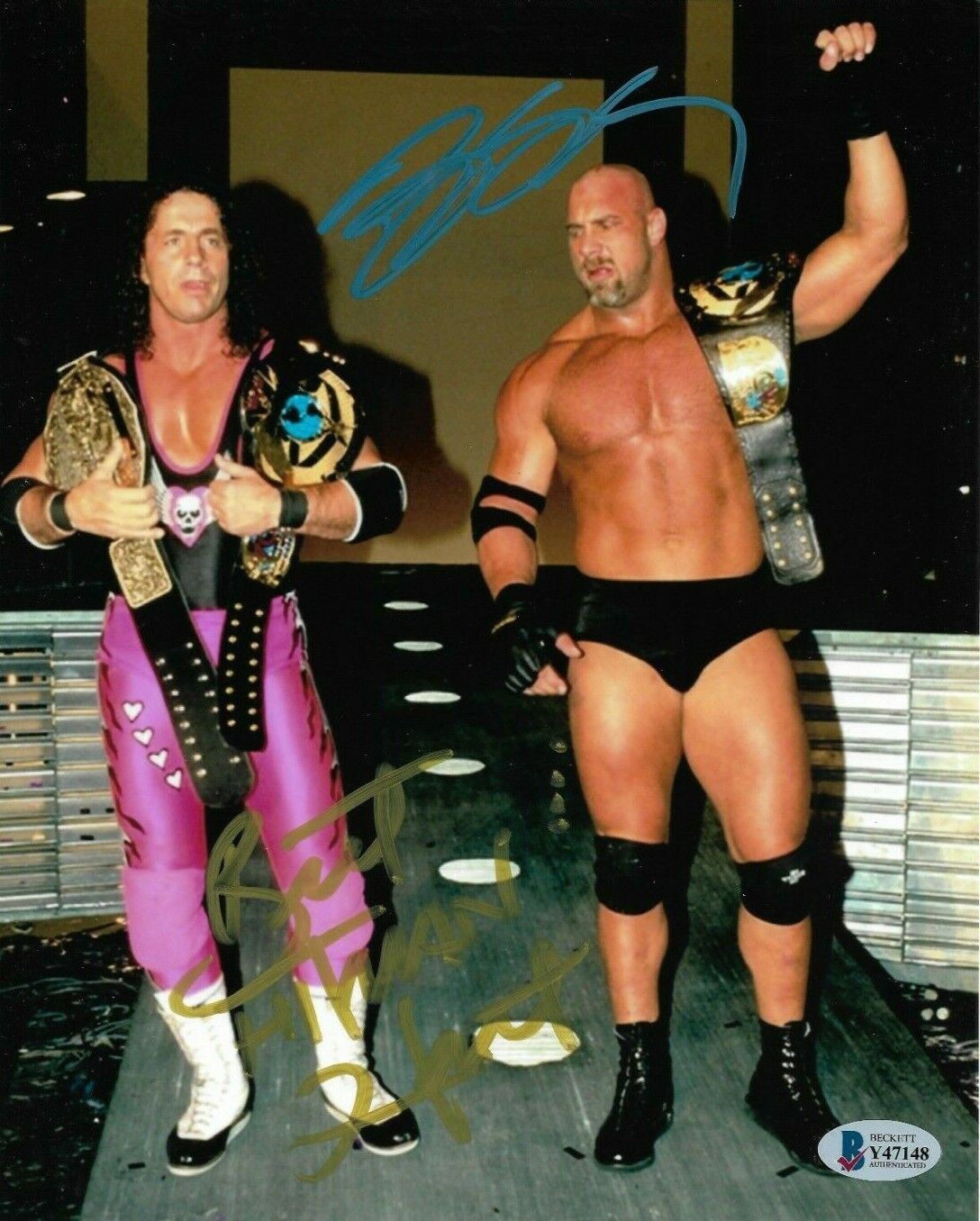 WWE GOLDBERG AND BRET HART HAND SIGNED AUTOGRAPHED 8X10 Photo Poster painting WITH BECKETT COA 1