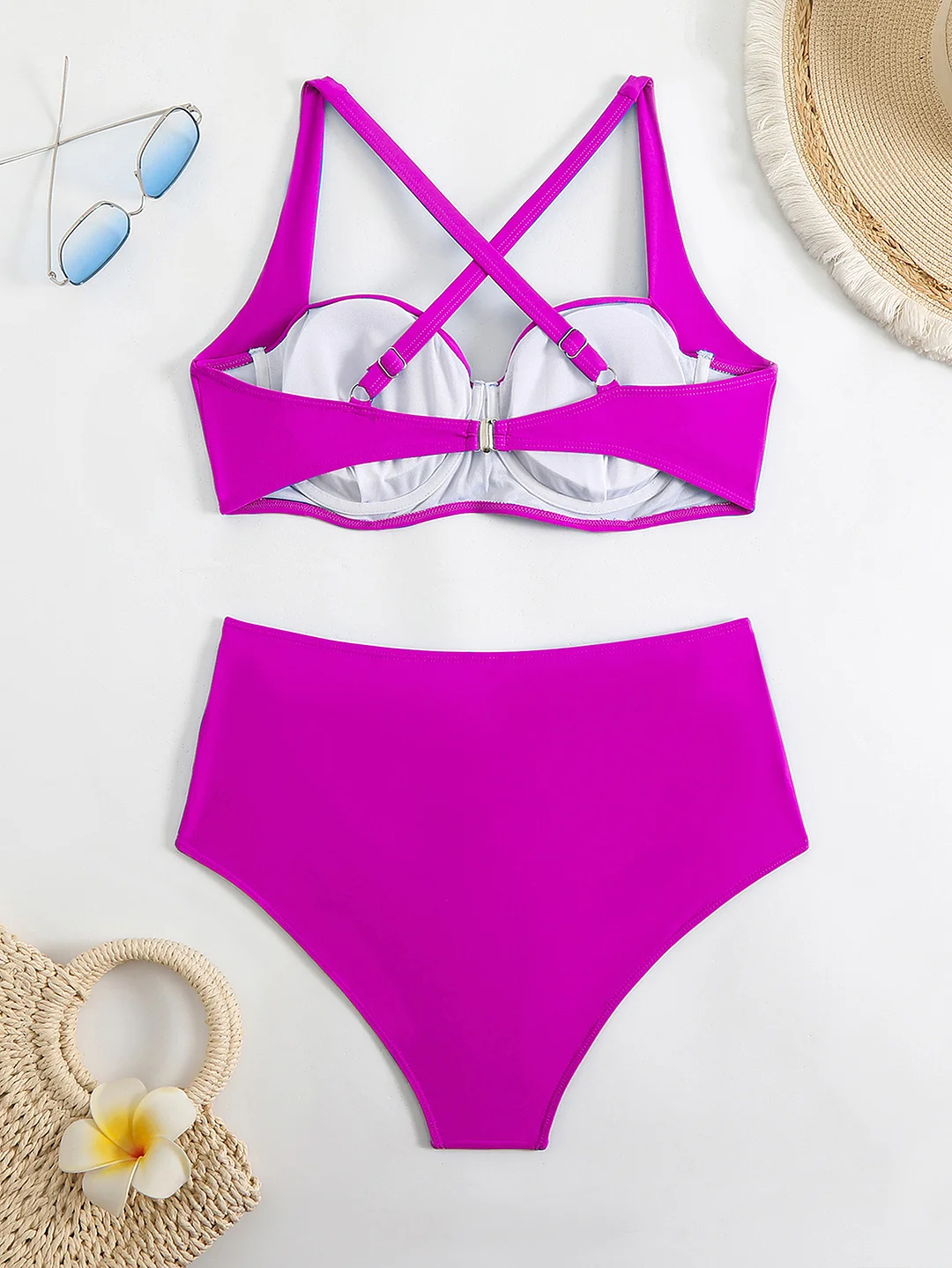 Uveng 2025 Sexy New Hard Cup Pure Color High-Waist Swimsuit Bikini