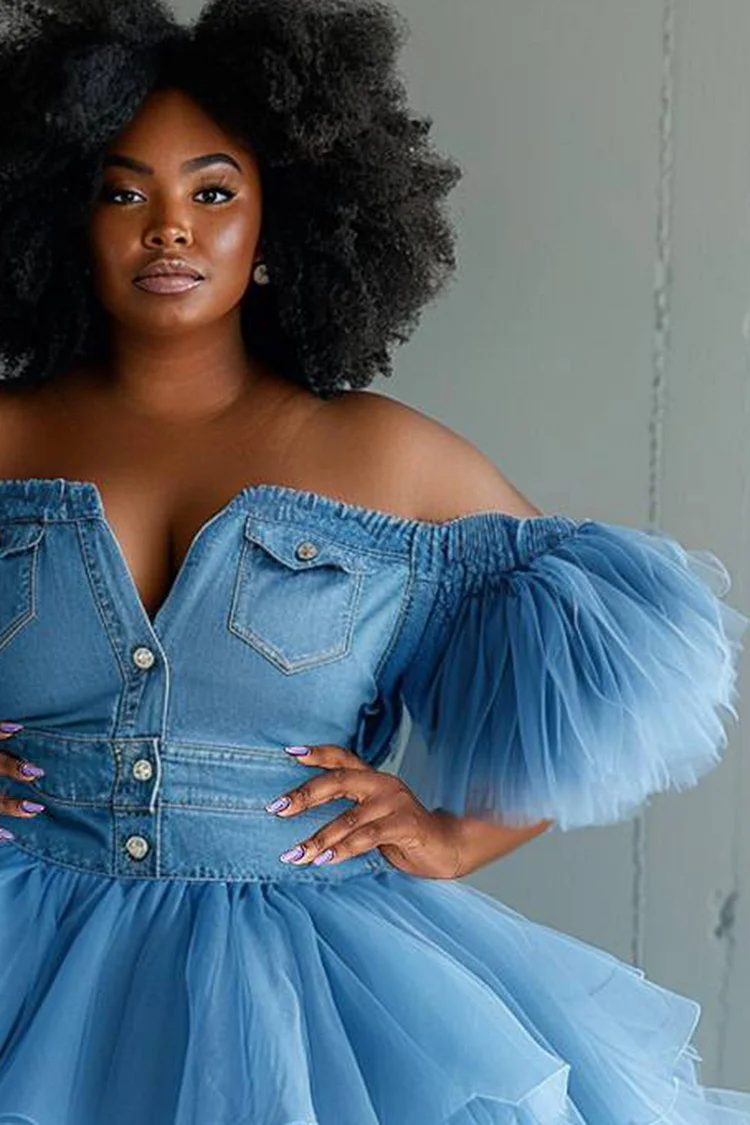Xpluswear Design Plus Size Party Tulle Blue Off The Shoulder Short Sleeve Pleated Contrast Denim Mini Dresses [Pre-Order]