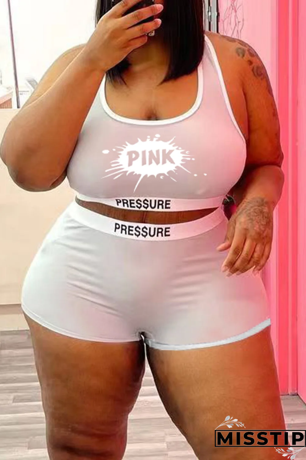 Black Street Print Patchwork U Neck Plus Size Two Pieces