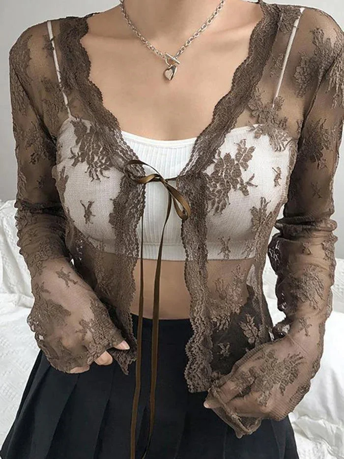 Brownm Open Front Lace Long Sleeve Crop Blouse