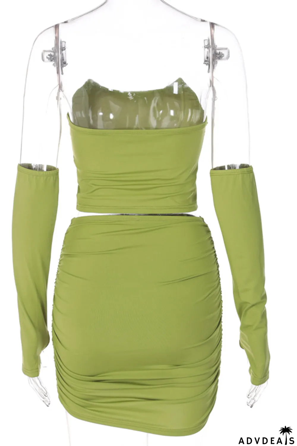 Green Sexy Solid Patchwork Strapless Long Sleeve Two Pieces