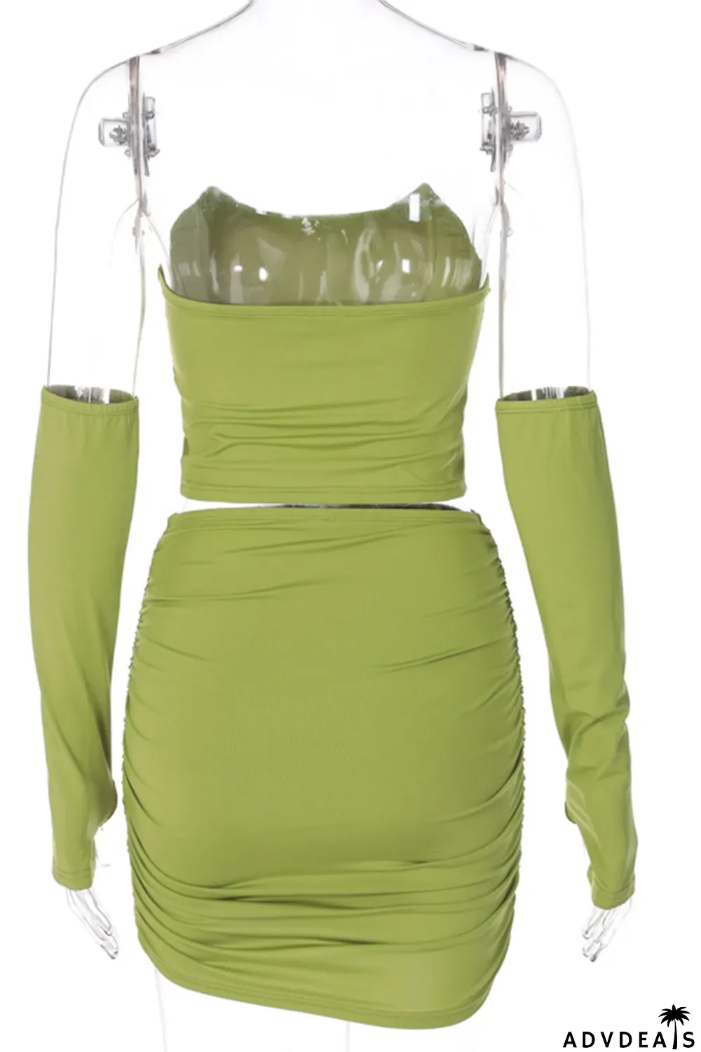 Green Sexy Solid Patchwork Strapless Long Sleeve Two Pieces