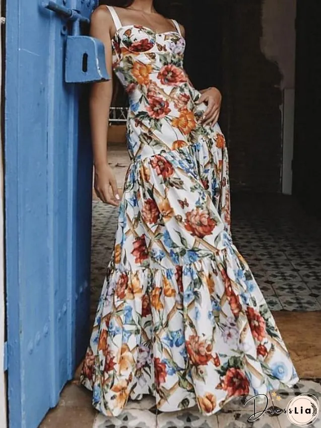 Women's Swing Dress Maxi long Dress Sleeveless Floral Print Fall Elegant Casual Rainbow S M L XL
