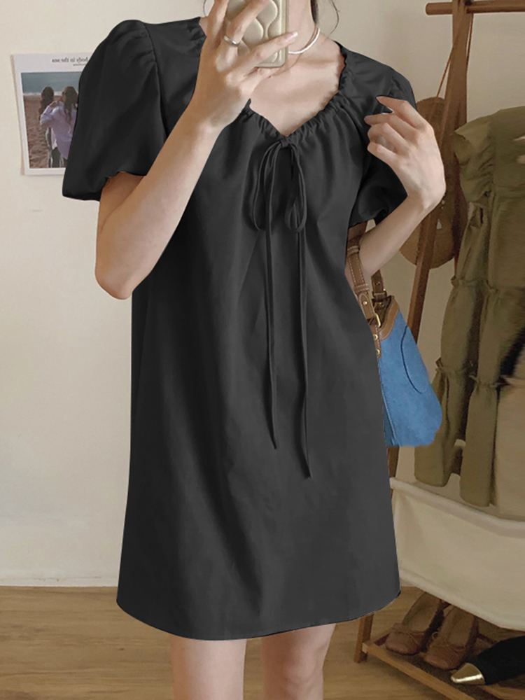 Women Summer Mini Dress 2024 Sexy V-neck Puff Sleeve Short Dress VONDA Short Sleeve Sundress Solid Color Vestidos Baggy