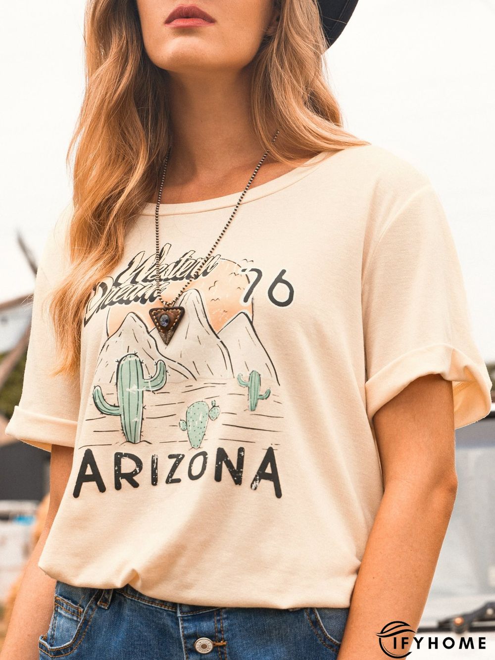 Apricot Short Sleeve Printed T-shirt | IFYHOME