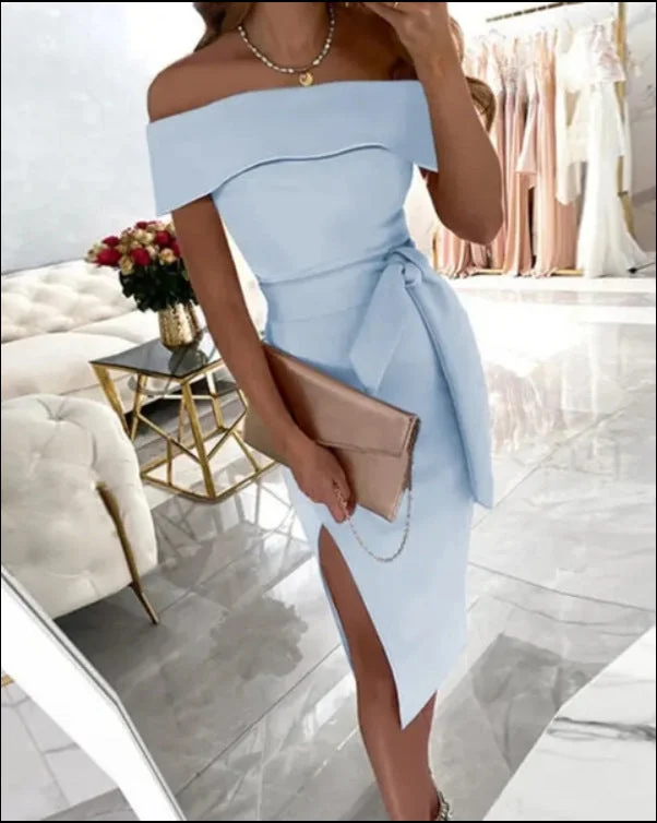 Uveng Off-neck Solid Mid Waist Color Lace-up Regular Dress