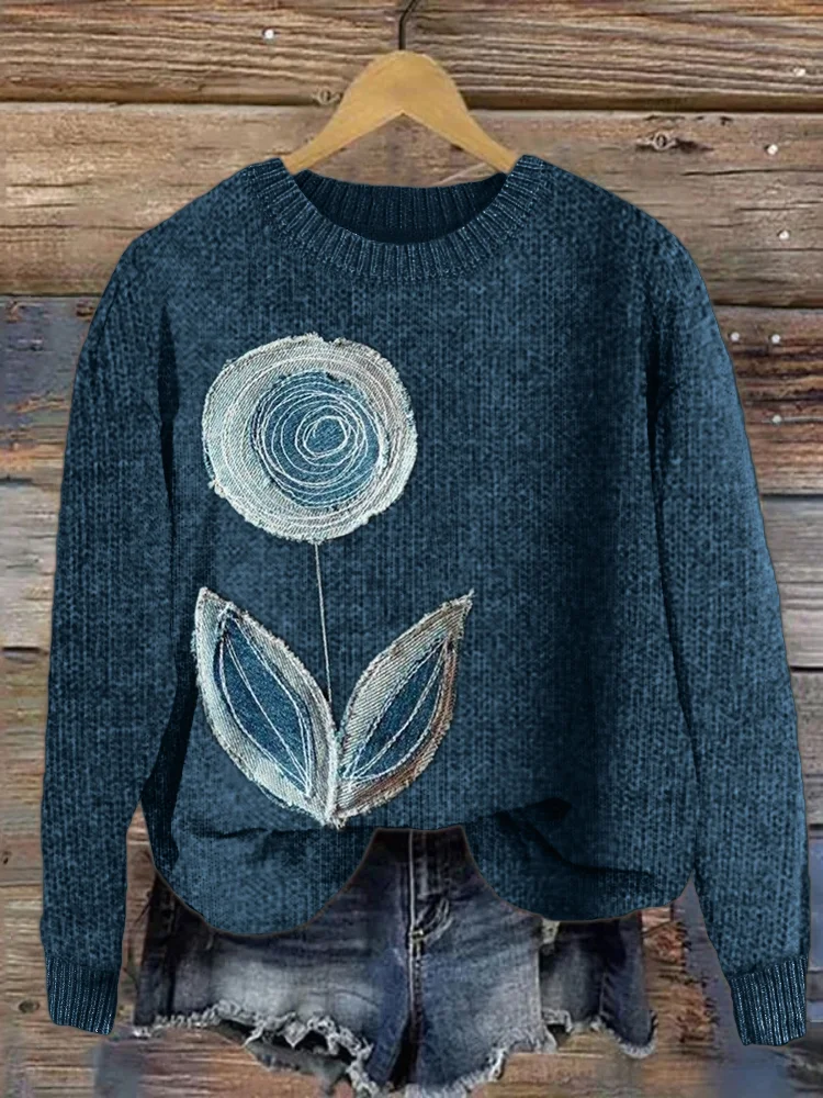 VChics Classy Rose Denim Textile Cozy Knit Sweater