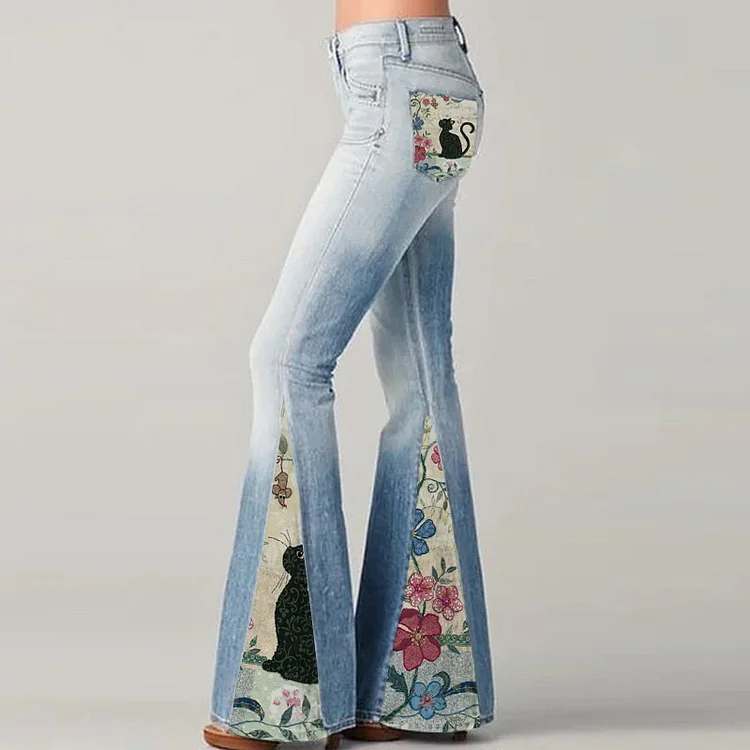 Casual Pants wide leg art floral cat print pants