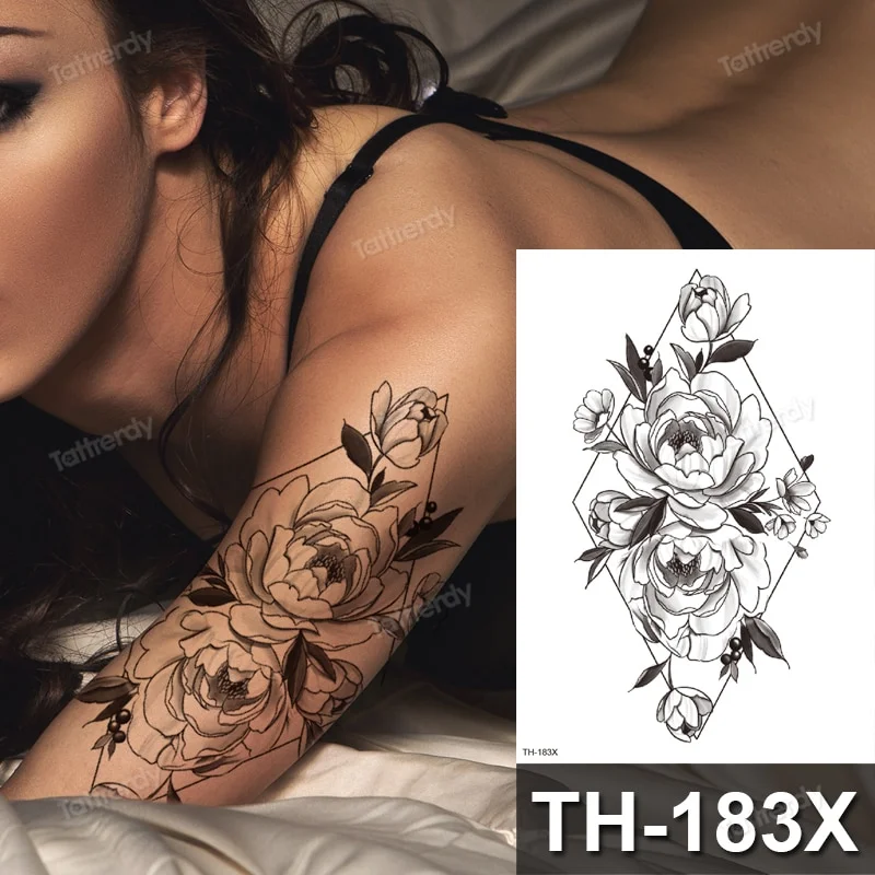 Sdrawing henna black lace mandala flowers sexy waterproof temporary tattoo for women thigh body tattoo sketch flower rose peony big