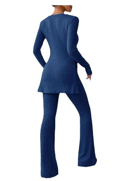 Women's Long Sleeve Scoop Neck Solid Color Two-Piece Set