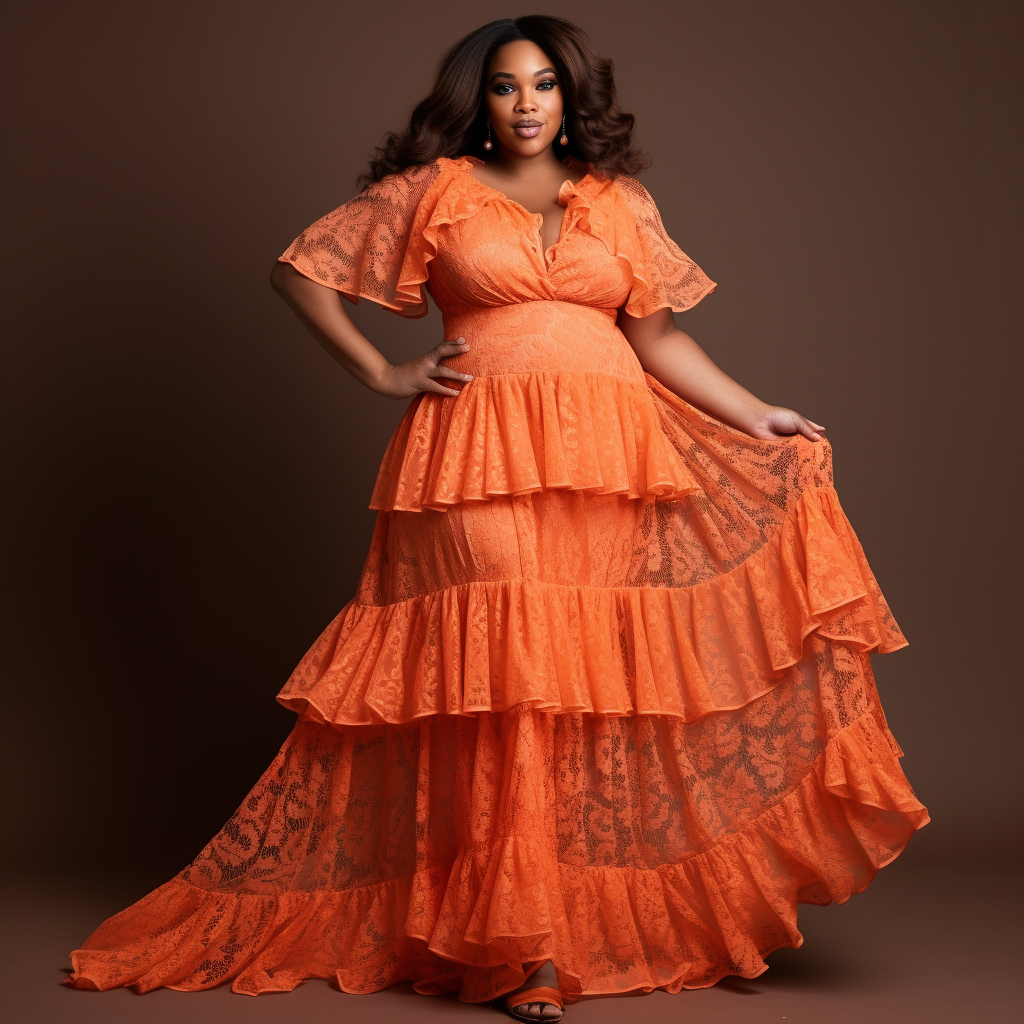 Design Plus Size Vacation Orange V Neck Ruffle Sleeve Flounce Lace Maxi Dresses [Pre-Order]