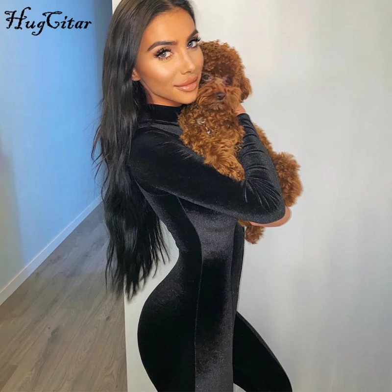 Hugcitar 2020 velvet long sleeve zipper bodycon sexy jumpsuit autumn winter women fashion streetwear outfits jumper