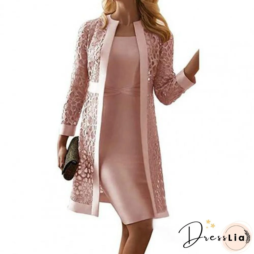 Plus Size Women Outfit Solid Color Lace Cardigan Long Sleeve Knee-Length Dress Coat Set Office Fashion Elegant Dress Sets