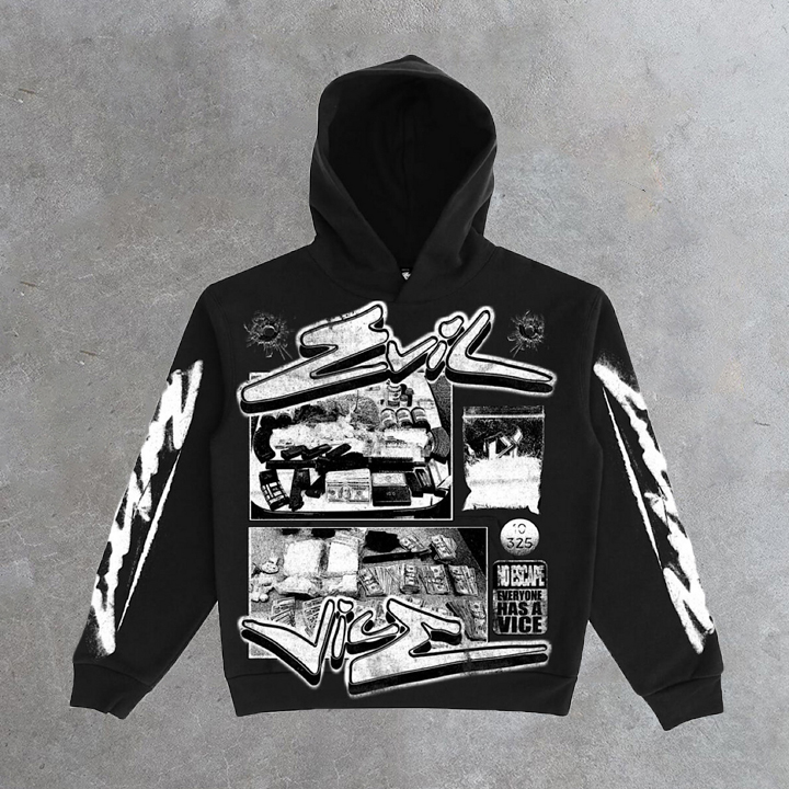 Vintage Hip-Hop Evil Logo Graphic Fleece-Lined Hoodie