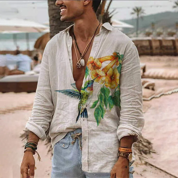 BrosWear Fashion Bird And Flower Print Long Sleeve Shirt