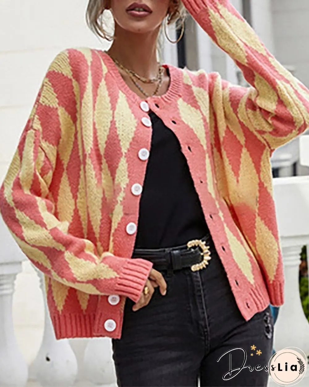 Argyle Print Colorblock Buttoned Long Sleeve Cardigan