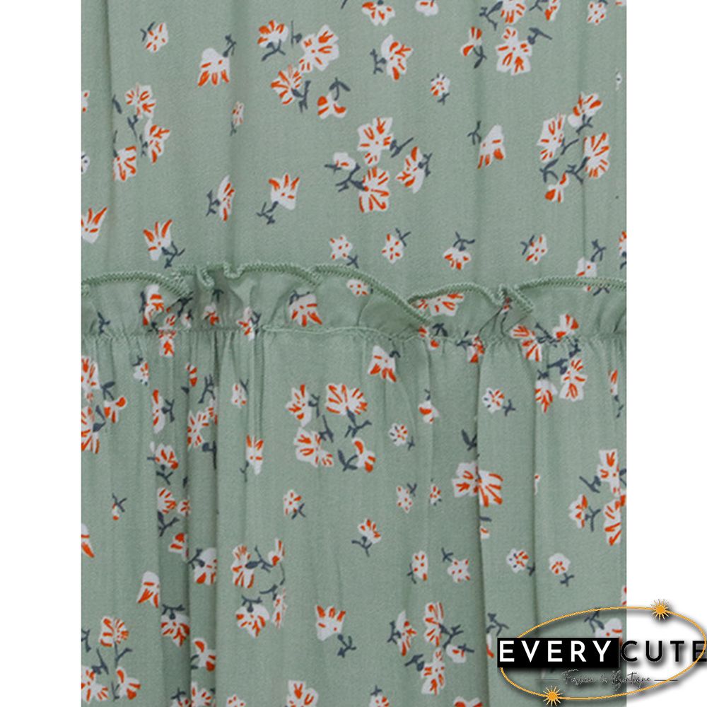 Green Tiered Ruffle Detail V Neck Floral Dress