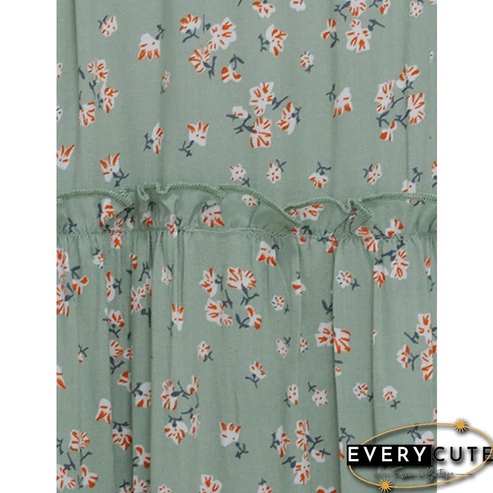 Green Tiered Ruffle Detail V Neck Floral Dress