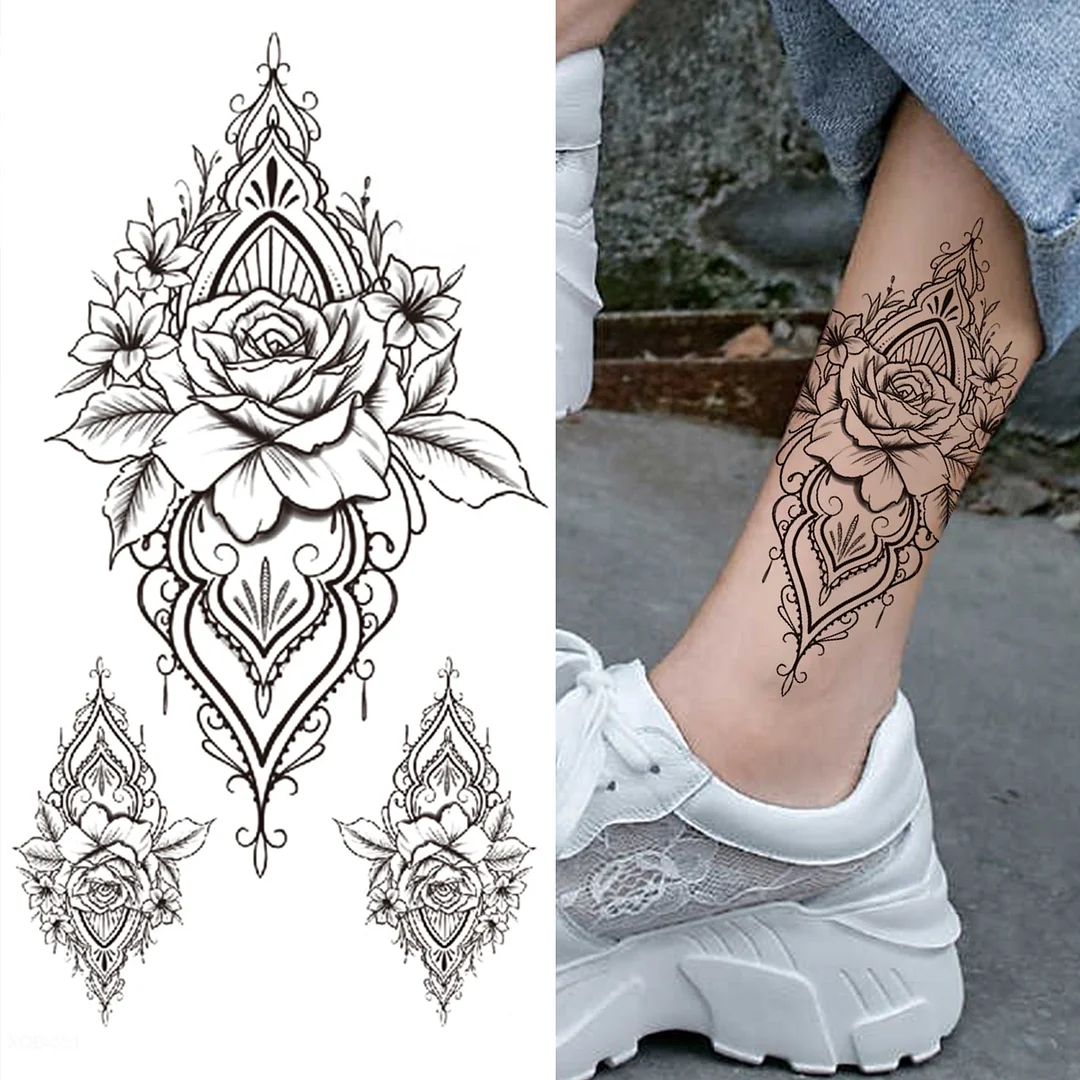 Geometry Rose Flower Temporary Tattoos For Women Girls Black Butterfly Bird Tattoo Sticker Fake Peony Geometric Body Art Tattos