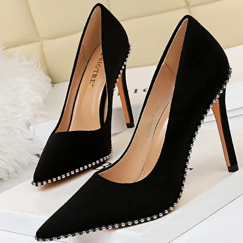 BIGTREE Shoes Black Heels Metal Beads Woman Pumps Suede High Heels Stiletto Wedding Shoes Women Heels Female Plus Size 41 42 43