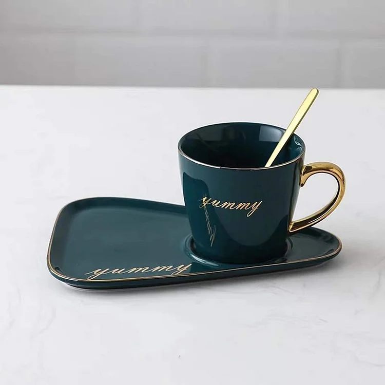 Ceramic Coffee Mug with Saucer and Spoon - Afternoon Tea Breakfast Espresso Deluxe Tea Cup