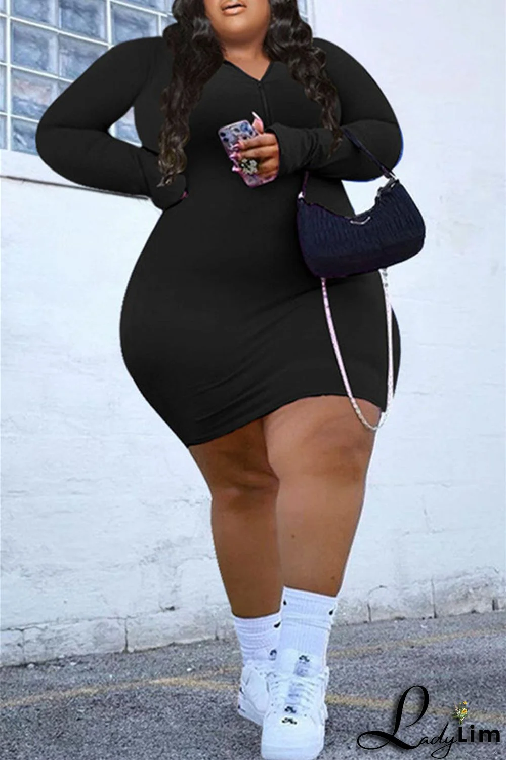 Burgundy Fashion Casual Solid Basic Zipper Collar Long Sleeve Plus Size Dresses