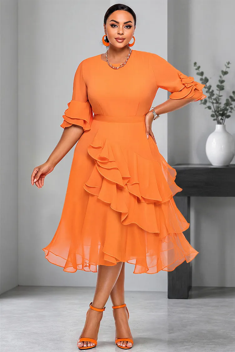 Xpluswear Design Plus Size Business Casual Elegant Orange Round Neck Half Sleeve Ruffle Tiered Chiffon Midi Dresses [Pre-Order] 2024 - Xpluswear