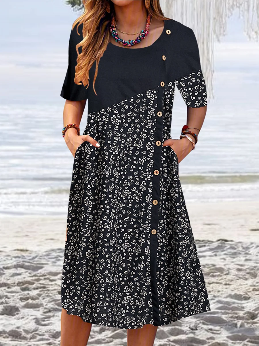 Women plus size clothing Women Black Short Sleeve Scoop Neck Printed Midi Dress-Nordswear