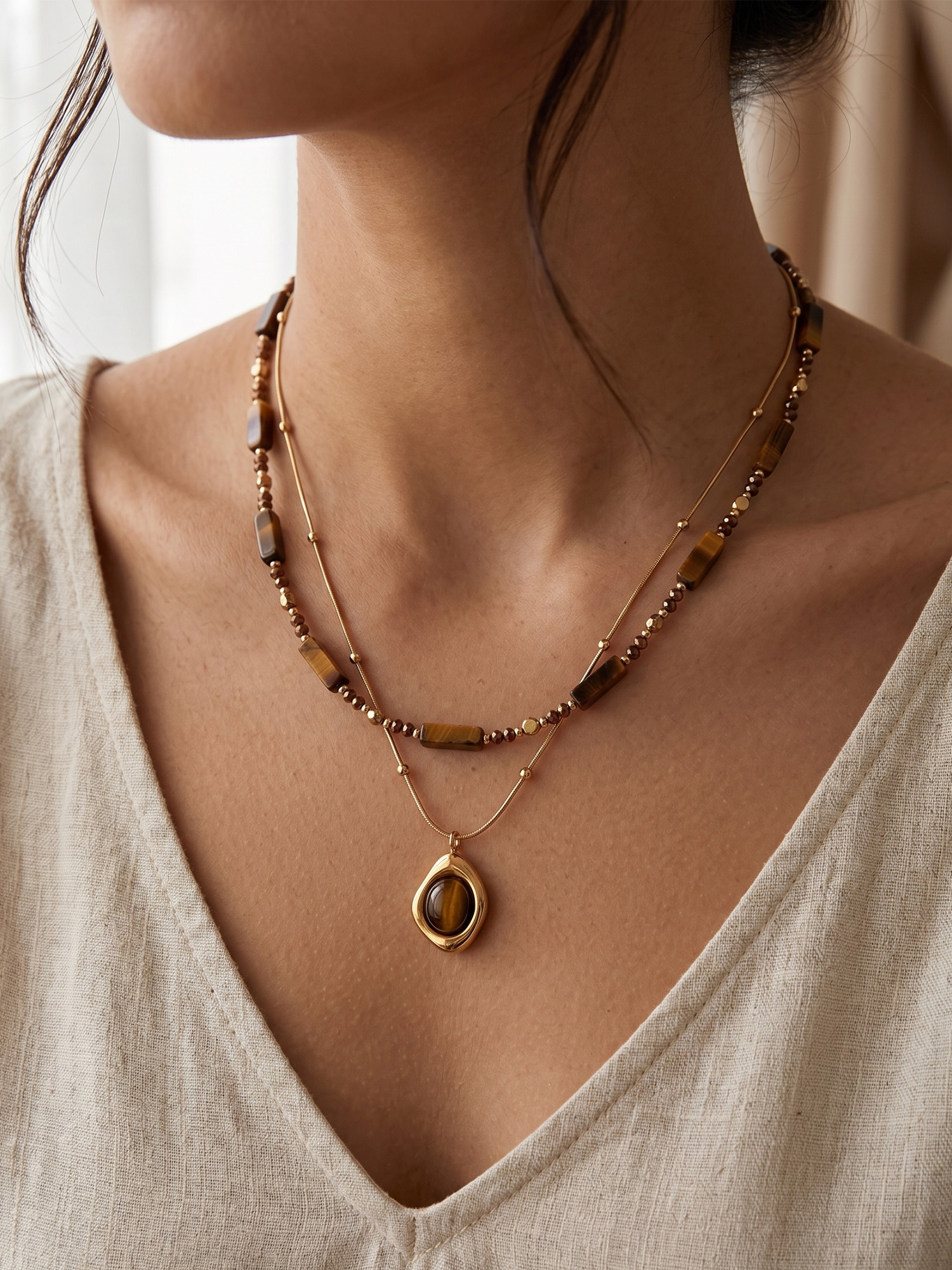 Festival Accessory &mdash; Golden Earth-Tone Stone Pendant Necklace