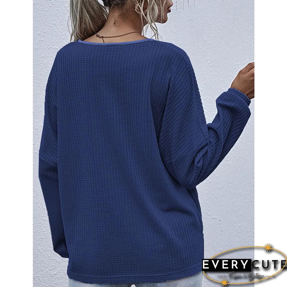 Navy Blue Waffle V Neckline Pocket Long Sleeve Tops