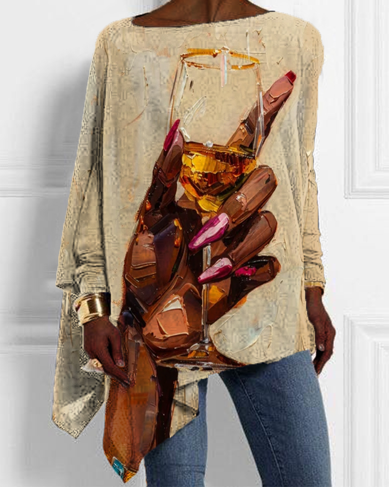 Simple Black Girl Wine Glass Oil Painting Printed Irregular Top