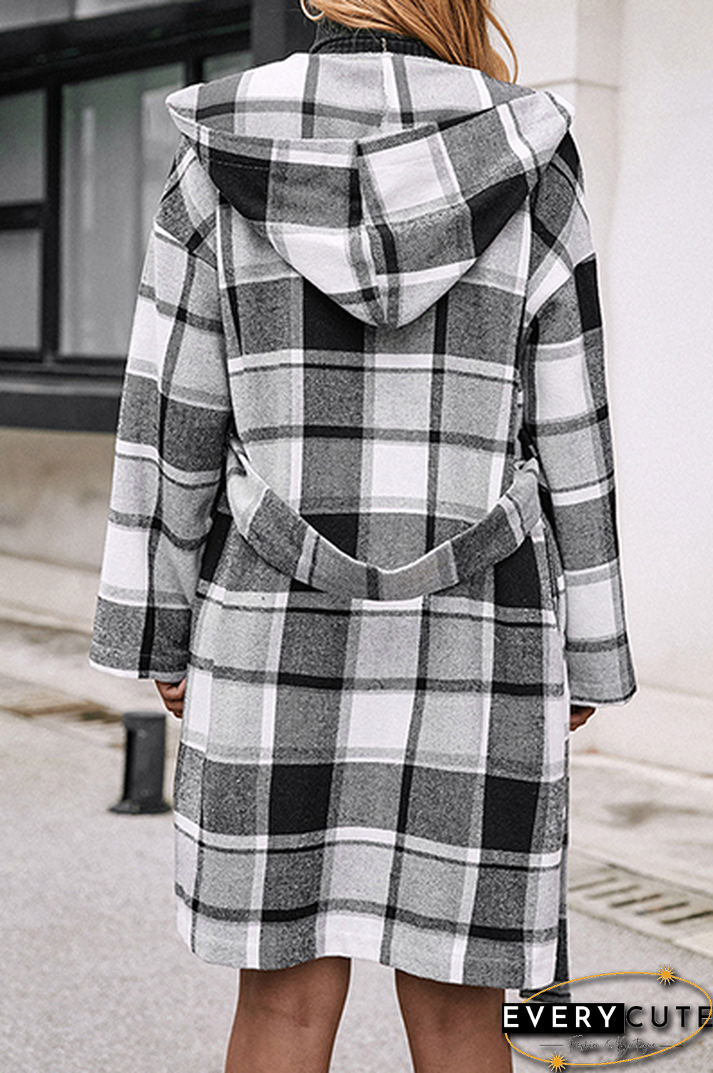 Fashion Elegant Geometric Pocket With Belt Hooded Collar Outerwear