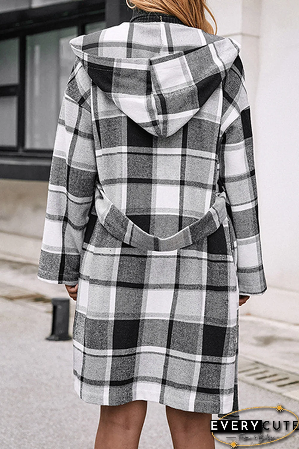 Fashion Elegant Geometric Pocket With Belt Hooded Collar Outerwear