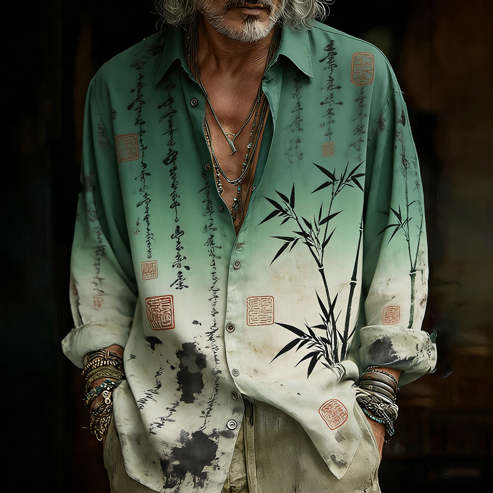 Japanese Art Bamboo Printing Tie-dye Art Collar Cardigan Shirt  artssus