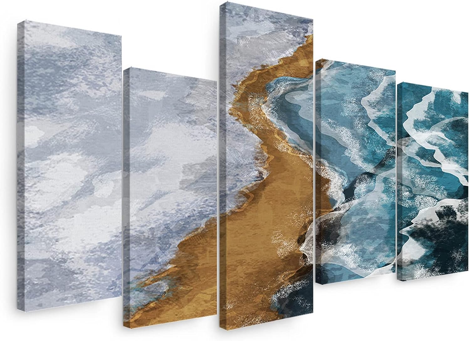 Sunteeny Canvas Wall Art 5 Piece Set for Living Room, Boho Coastal Beach Teal Gradient Ocean Waves Picture Wall Decor Canvas Print Painting for Bathroom, Bedroom, Dining Room, Office, 12&#034;x24&#034;x4pcs, 12&#034;x32&#034;x1pc