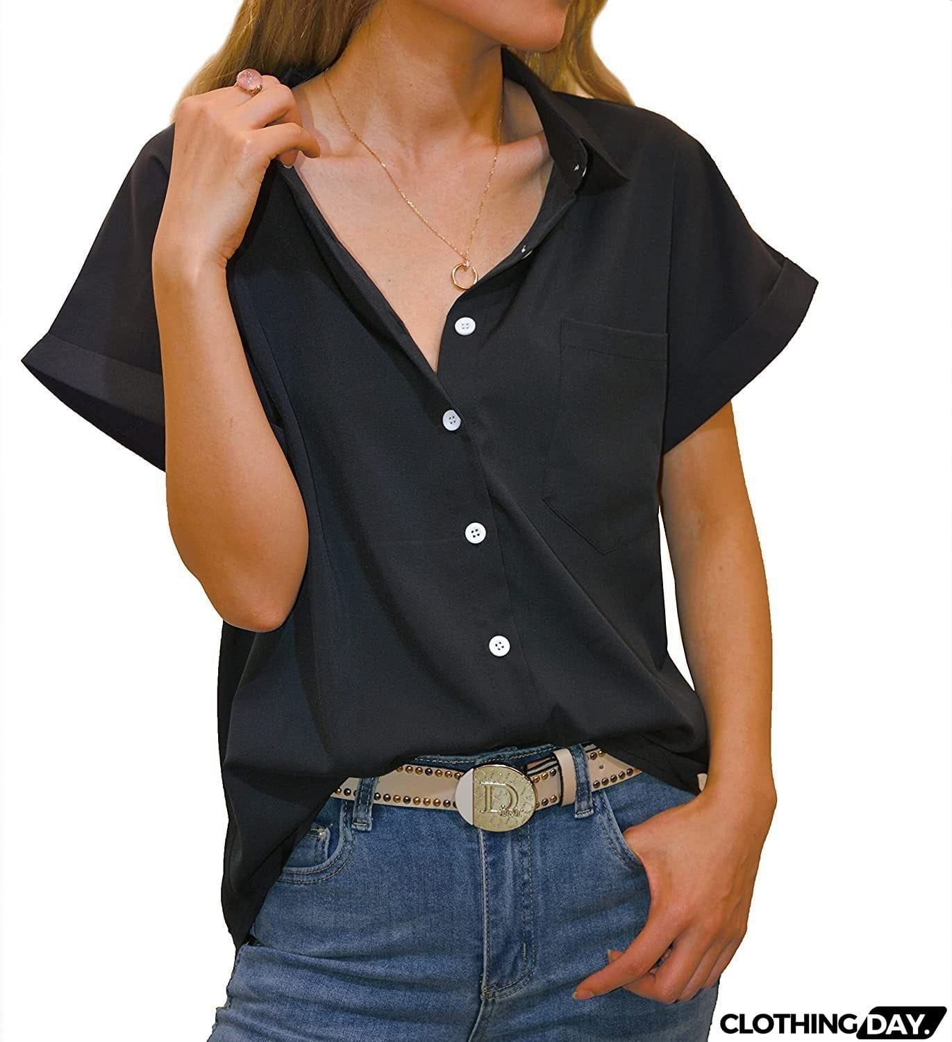 Women's Short-sleeved T-shirt V-neck Button-up Blouse