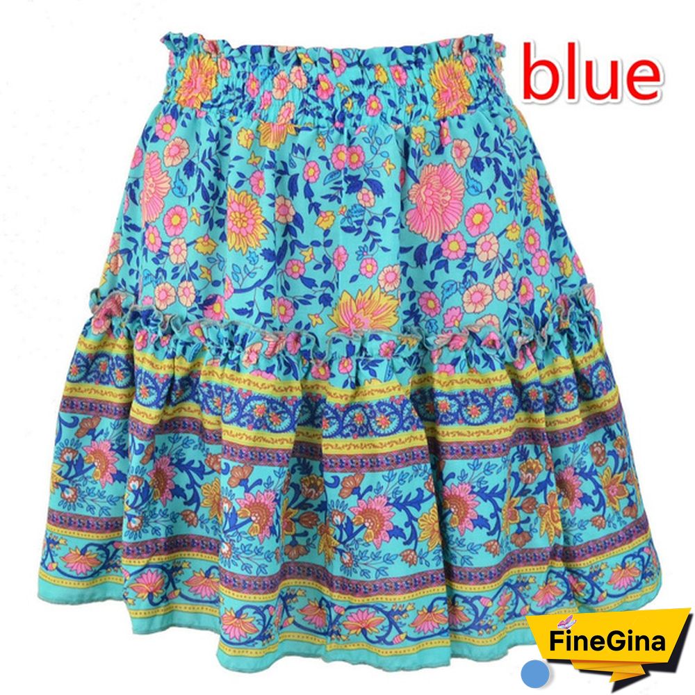 Women Fashion Casual Floral Short Skirts Summer High Waist Pleated Beach Skirt Beho Ruffle Dresses