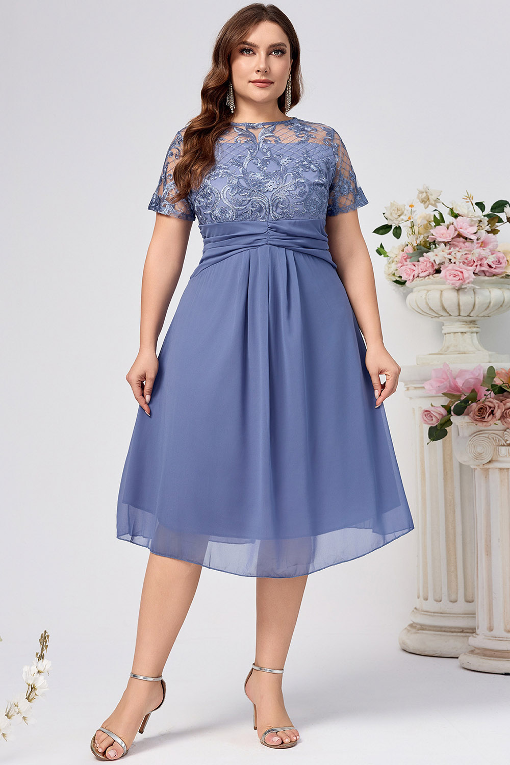 Plus Size Wedding Guest Light Blue Chiffon Short Sleeve Layered Tea-Length Dress