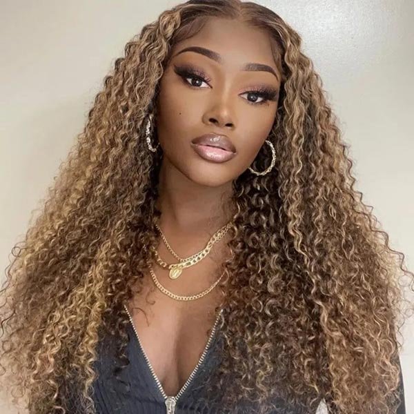 Junoda Hair Highlight Kinky Curly Transparent Lace Frontal Human Hair Wigs Brazilian Human Hair 180% Density