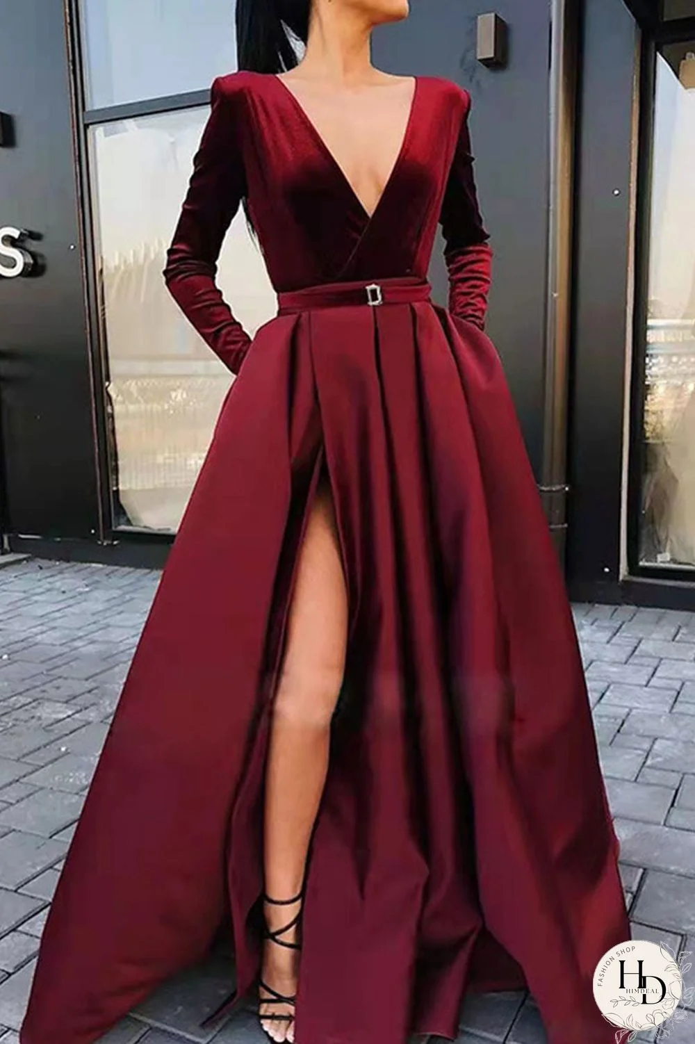 Burgundy Elegant Solid Split Joint V Neck A Line Dresses